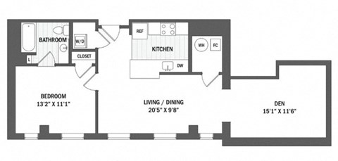 Floor plan for 1 bed, 1 bath, 753 sqft
